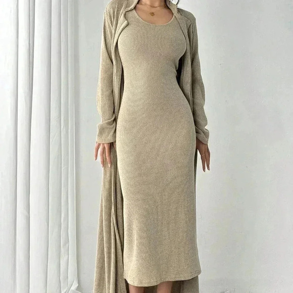Khaki Casual Women's Plush Long Skirt & Cardigan Two-Piece Set - Picture 1 of 5